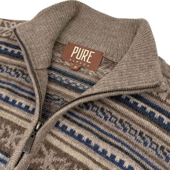 Pure Alpaca Augusto Baby Alpaca Peruvian Geometric Quarter Zip Sweater Beige SM - Picture 3 of 13